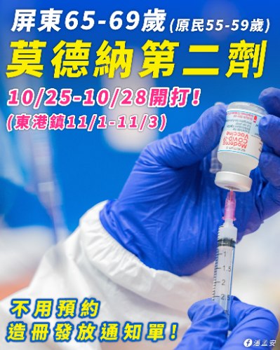 屏東65-69歲莫德納第二劑，10/25-10/28開打！