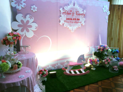 立體粉紅世界花園背板+姓名迎賓小背板