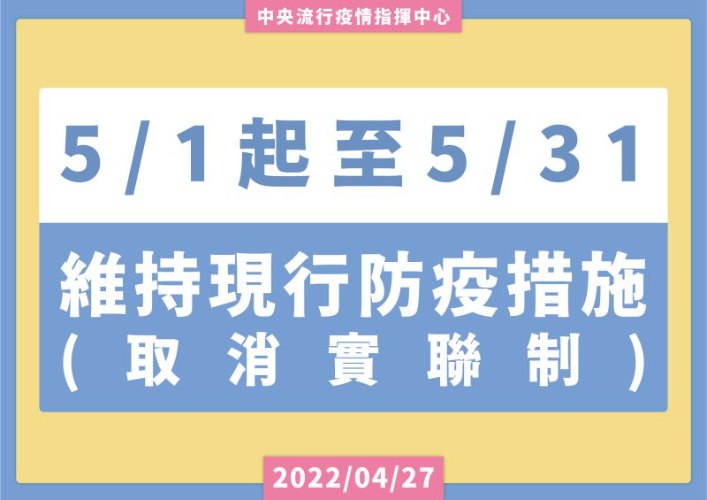 4/27起取消實聯制，現行戴口罩等防疫措施維持至5月31日