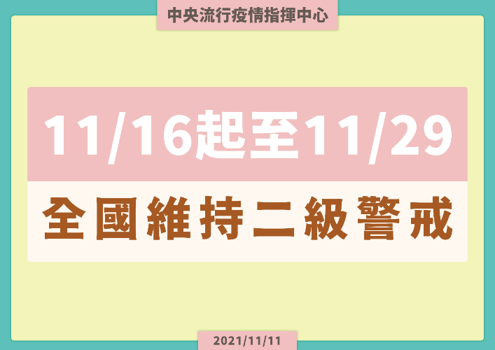 11月16日至11月29日維持疫情警戒標準為第二級